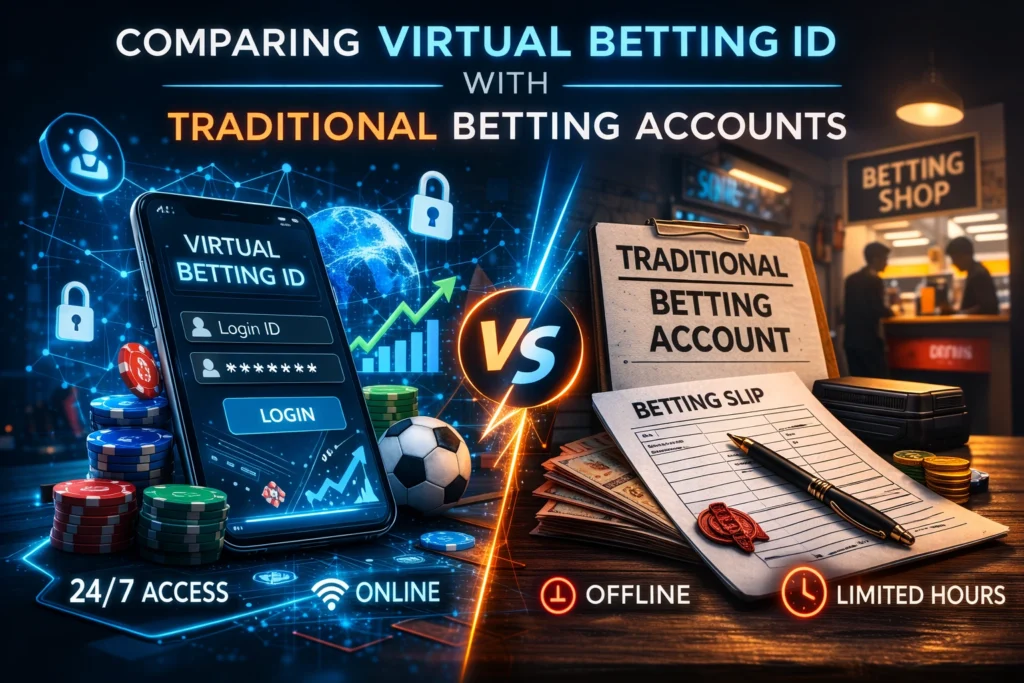 Comparison image showing Virtual Betting ID vs Traditional Betting Accounts with online smartphone betting interface and offline betting shop slip.