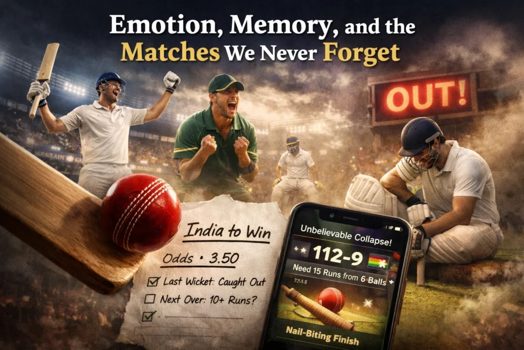 Emotional cricket match moment with crowd reaction and digital online cricket betting atmosphere