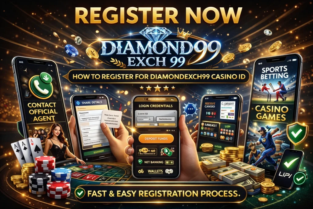 Diamondexch99 Casino ID registration process banner showing step-by-step guide, live casino, sports betting, secure login, deposit funds, and fast online casino ID creation.