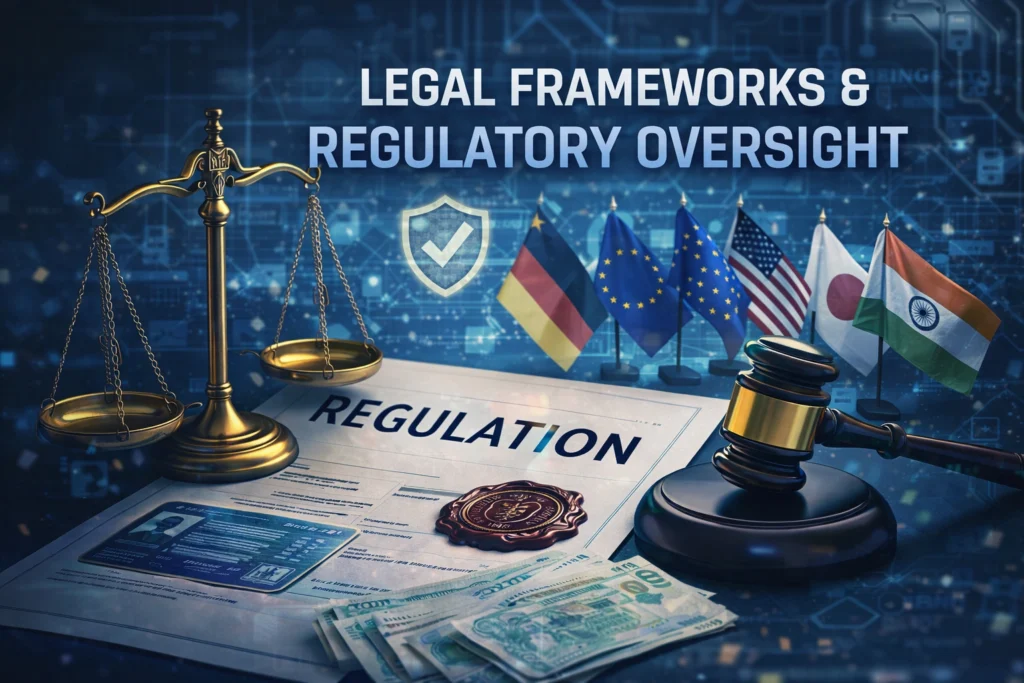 Legal frameworks and regulatory oversight concept image showing digital compliance, law symbols, and online betting regulation theme.