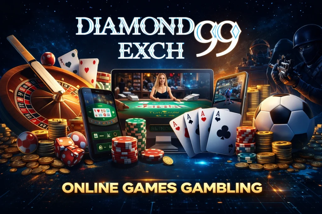 Online Games Gambling promotional banner with Diamond Exch 99 logo featuring casino, sports betting and poker elements