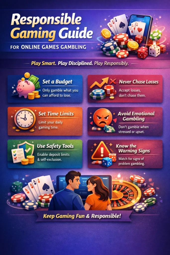 Responsible Gaming Guide for Online Games Gambling showing budget control, time limits, safety tools and warning signs infographic