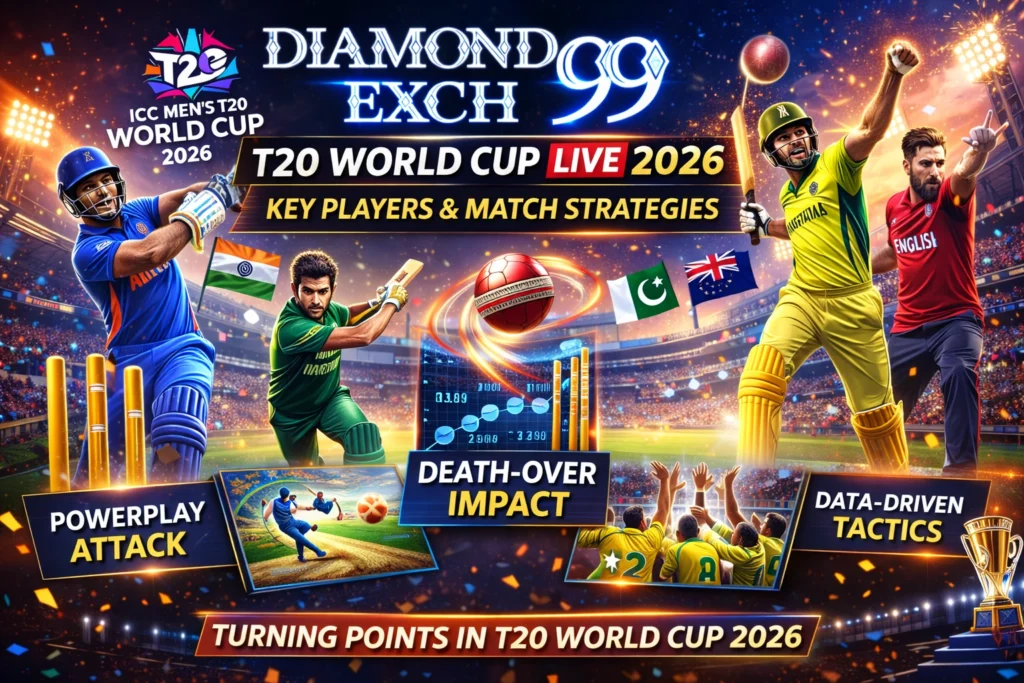 T20 World Cup 2026 key players in action with match strategy visuals, cricket stadium background and Diamond Exch 99 branding
