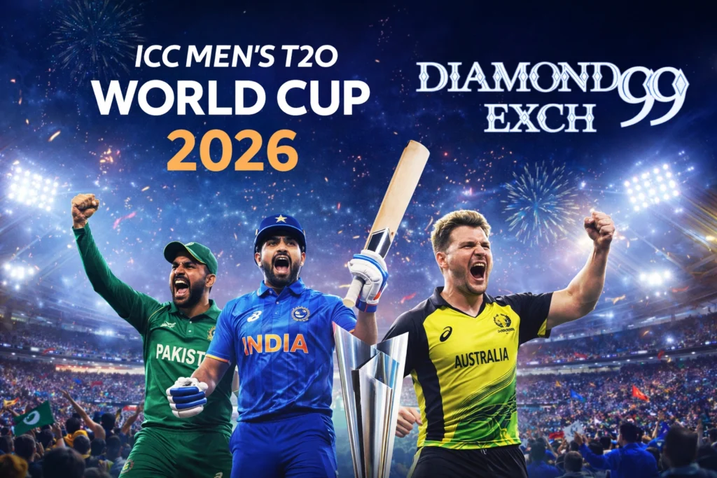 T20 World Cup Tips ICC Men's T20 World Cup 2026 promotional image with Diamond Exch 99 logo and celebrating cricketers