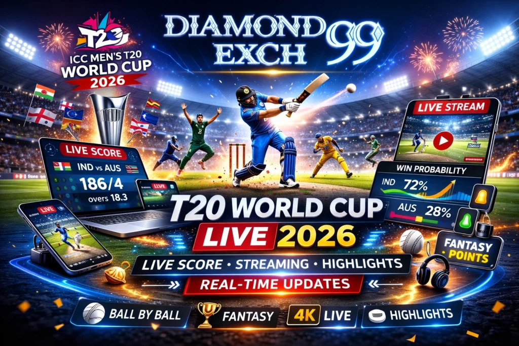 T20 World Cup Live 2026 streaming banner with Diamond Exch 99 logo showing live score, fantasy points, win prediction and match highlights in stadium background
