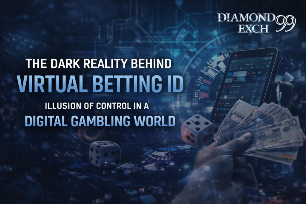Dark themed promotional image for Virtual Betting ID showing digital gambling concept with smartphone, dice, cash, and DiamondExch99 logo.