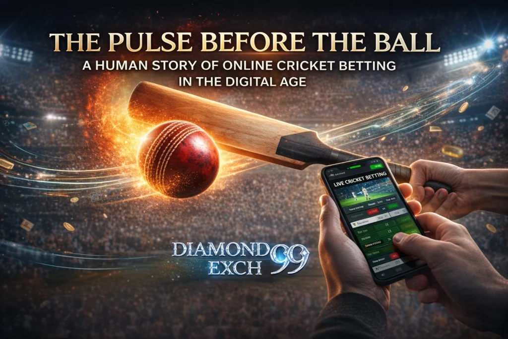 Online cricket betting digital concept with bat, ball, mobile betting app and DiamondCC99 logo in stadium background