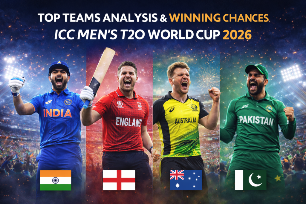 ICC Men's T20 World Cup 2026 top teams analysis featuring India, England, Australia and Pakistan players celebrating in stadium.