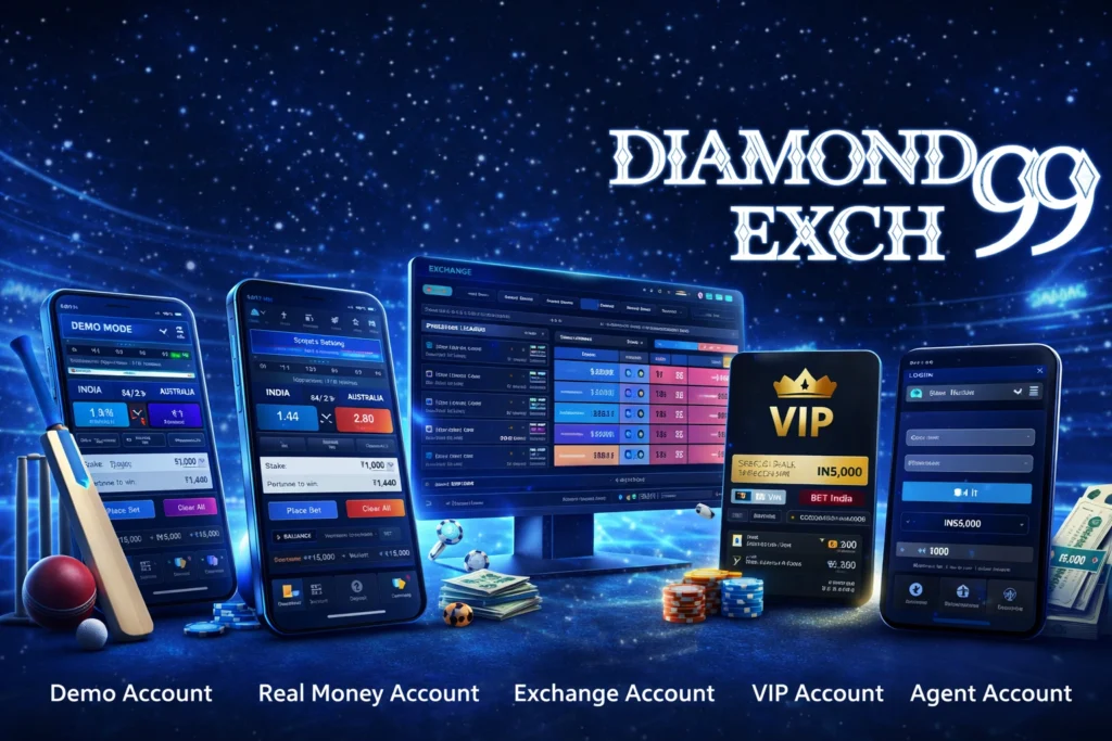 Types of betting accounts dashboard with Diamond Exch99 logo