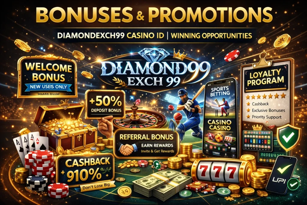 Diamondexch99 Casino ID bonuses and promotions banner showing welcome bonus, deposit bonus, cashback offers, referral rewards, loyalty program, sports betting and live casino games.