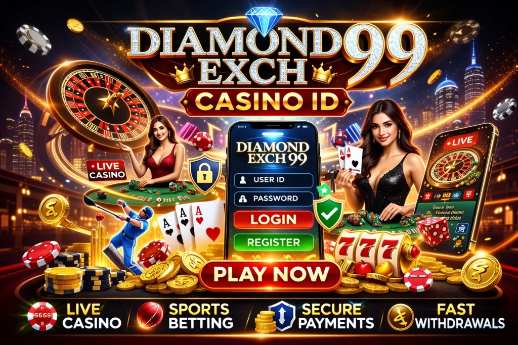 Diamondexch99 Casino ID banner showing live casino games, sports betting, roulette wheel, secure payments, fast withdrawals and online casino registration.