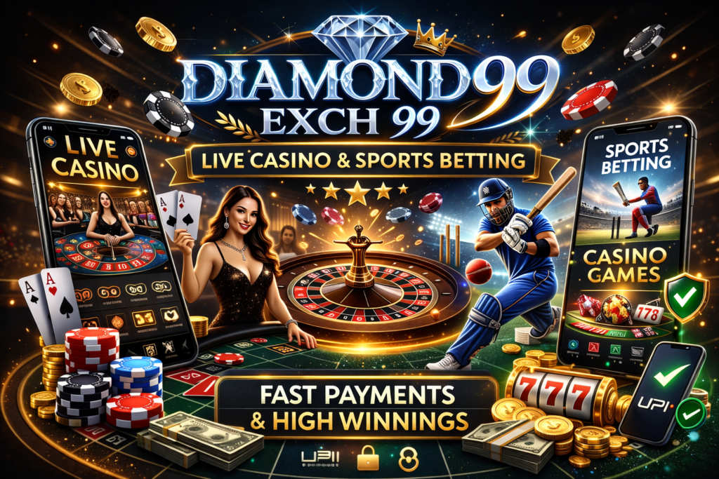 Diamondexch99 Live Casino & Sports Betting banner showing casino games, roulette wheel, live dealer, cricket betting, fast payments, high winnings and secure online casino ID registration.