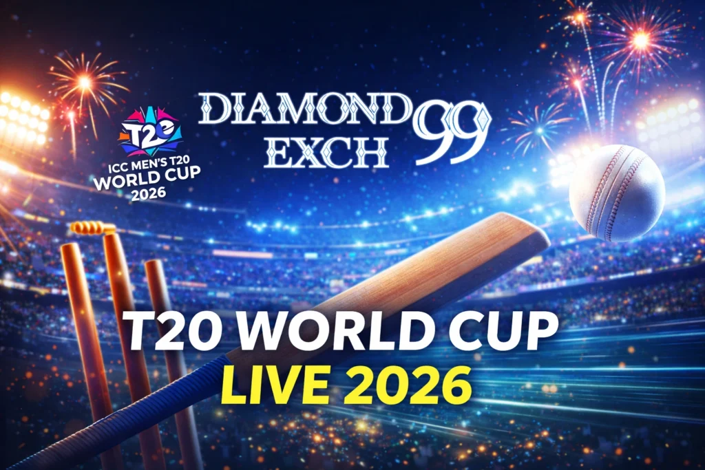 T20 World Cup Live 2026 promotional banner with Diamond Exch 99 logo, cricket bat and ball in stadium with fireworks