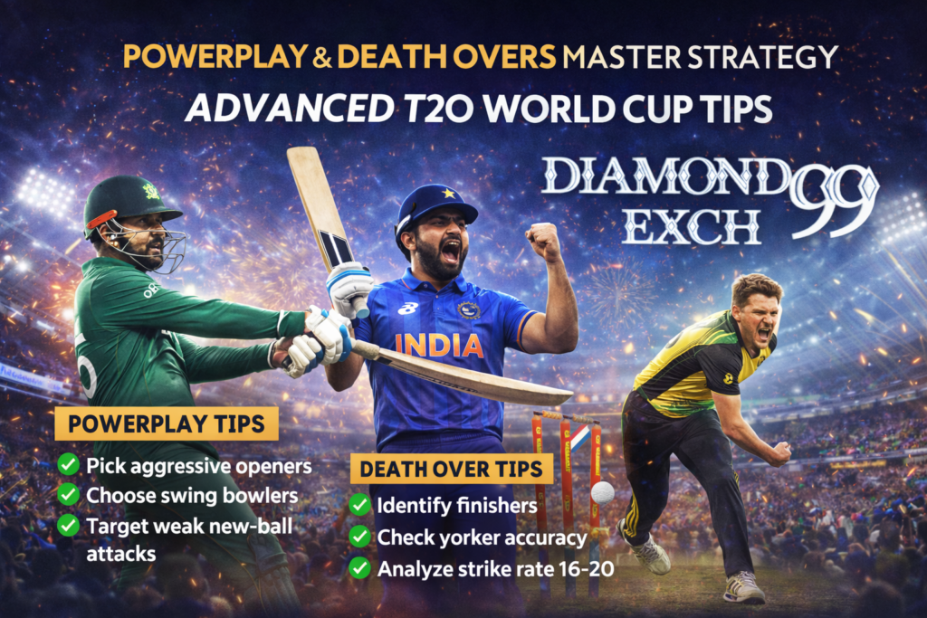 Advanced T20 World Cup Tips banner showing powerplay and death over strategy with Diamond Exch 99 logo and international cricketers in stadium.