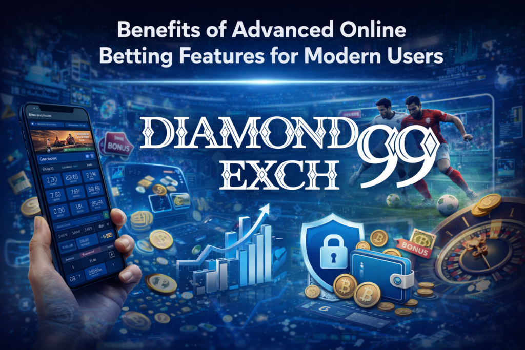 Benefits of online betting features with Diamondexch99 logo showing mobile betting, secure payments, analytics, and live betting experience
