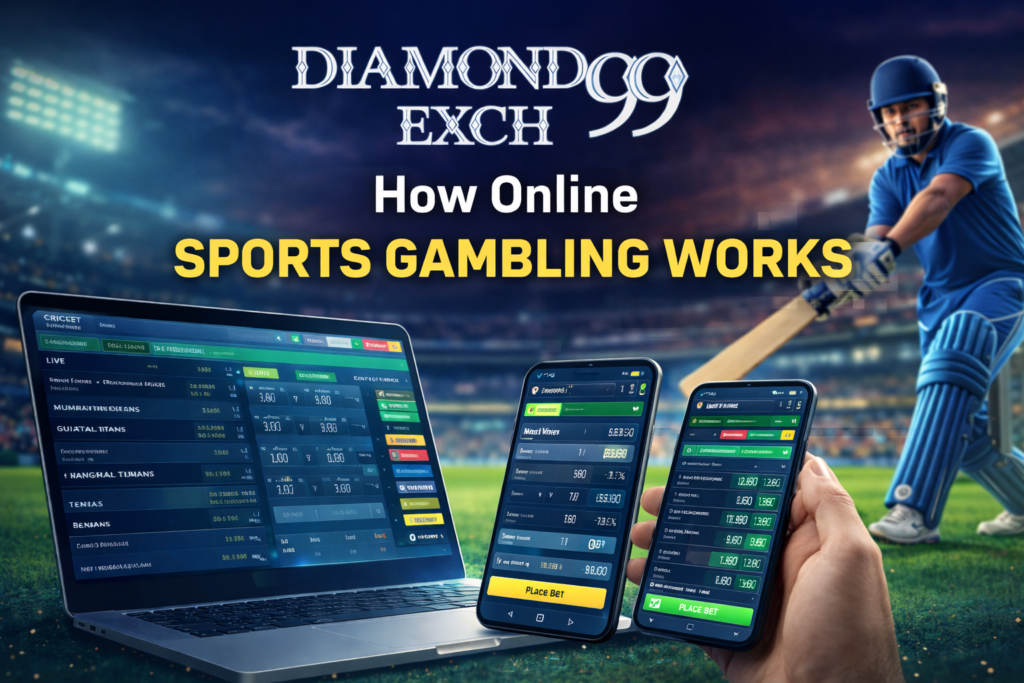 Diamondexch99 online sports gambling platform showing live sports betting dashboard on laptop and mobile