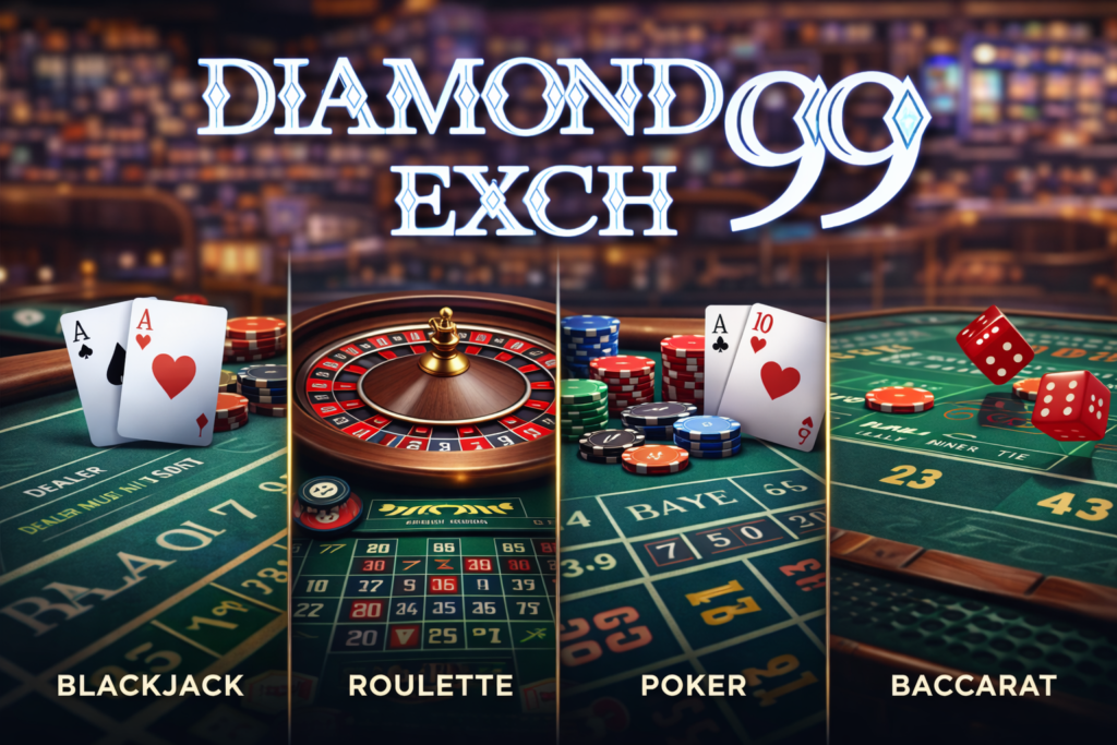 Diamondexch99 online casino platform featuring popular table games blackjack roulette baccarat and poker