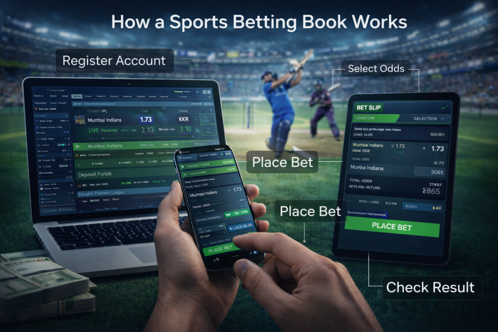 How a sports betting book works showing sportsbook interface and live betting process