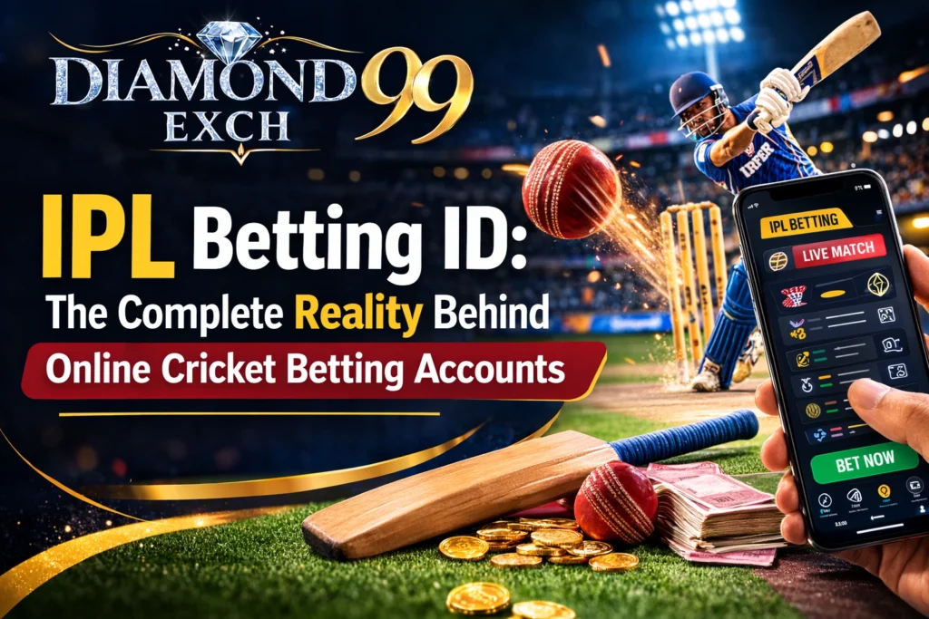 IPL Betting ID guide showing online cricket betting accounts with Diamond Exch 99 logo and IPL cricket betting interface