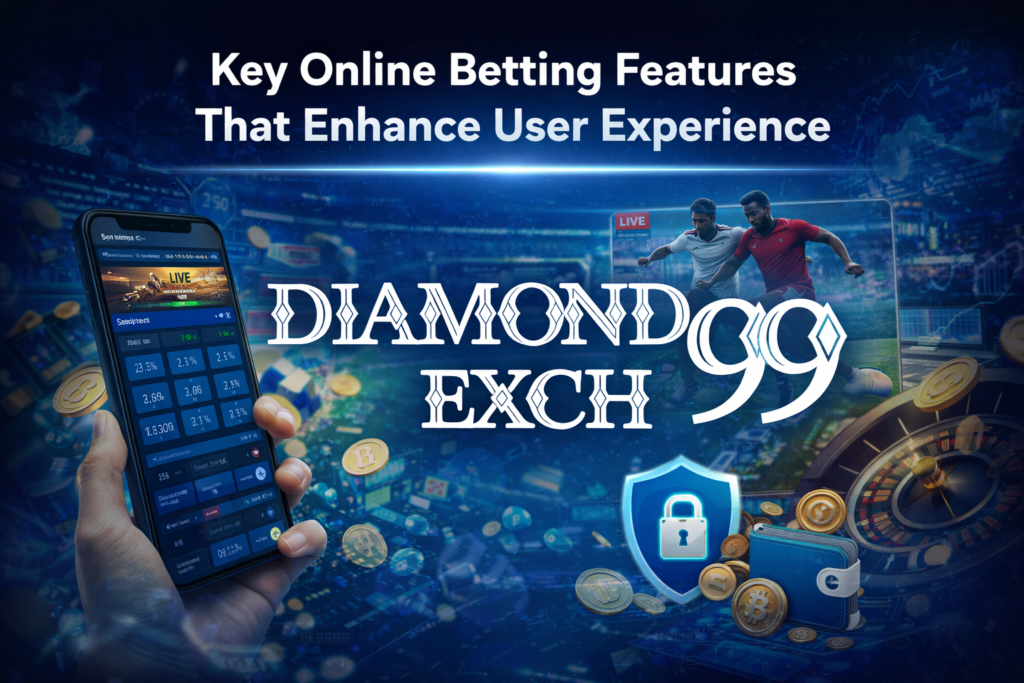 Key online betting features with Diamondexch99 logo showing live betting, mobile betting, and secure platform experience