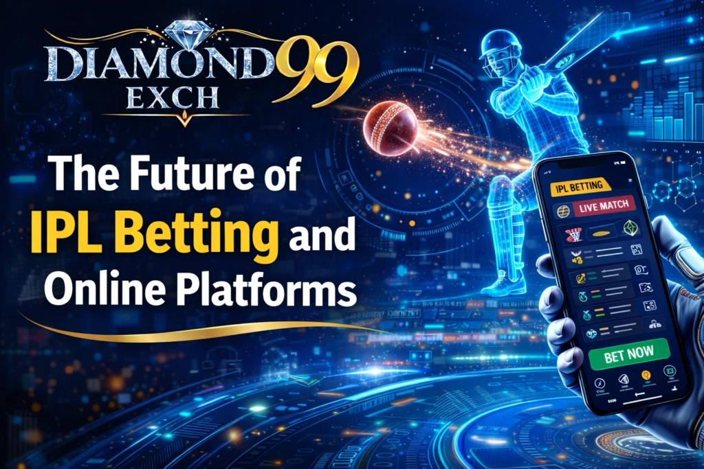 The future of IPL betting and online platforms with Diamondexch99 logo showing digital cricket betting technology and mobile betting interface