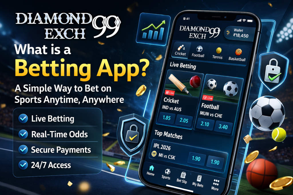 What is a betting app explained with Diamond Exch99 sports betting app interface showing live betting, cricket and football odds
