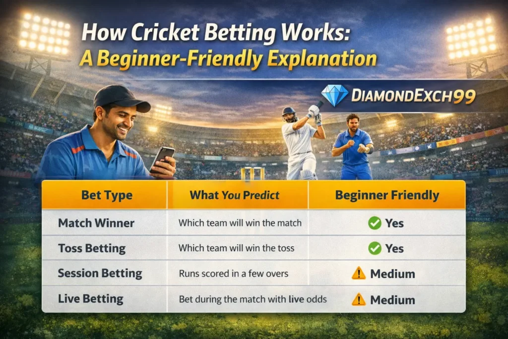 DiamondExch99 cricket betting guide table showing match winner, toss, session and live betting options for beginners