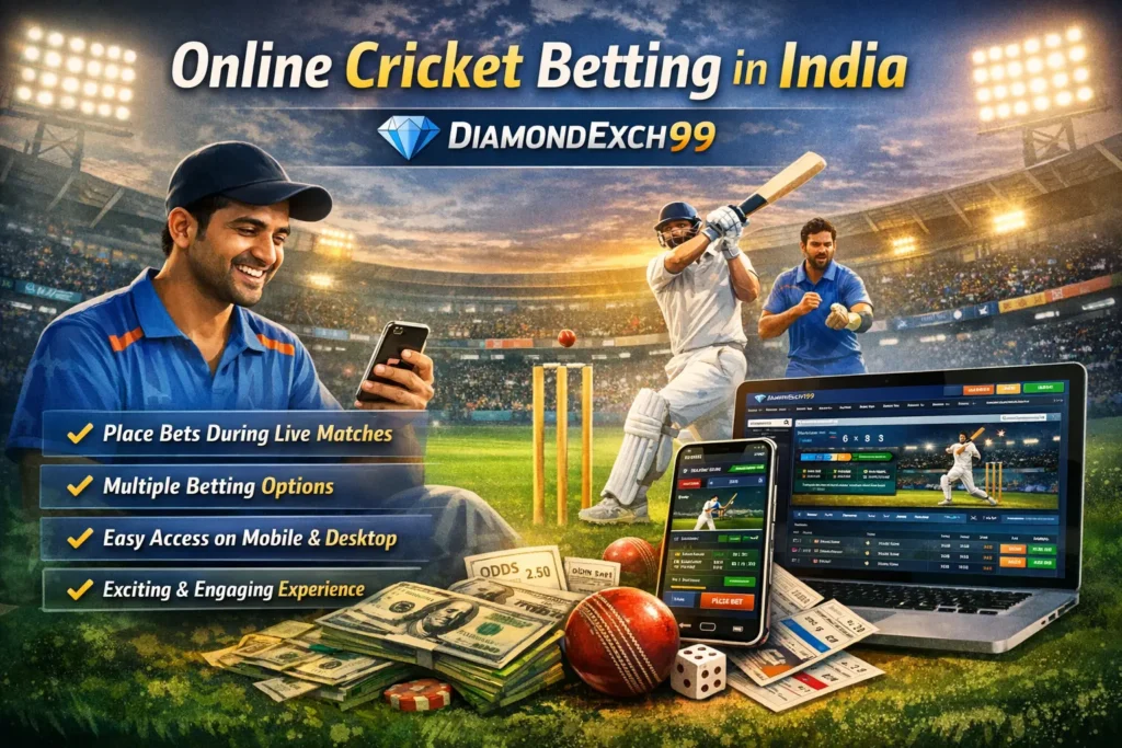DiamondExch99 cricket betting introduction showing user placing live bets on mobile with cricket stadium background